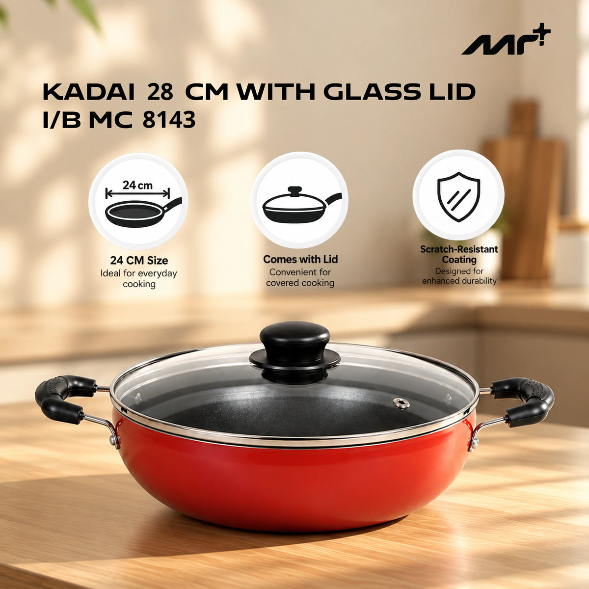 MR PLUS  KADAI 28 CM WITH GLASS LID I/B MC8143
