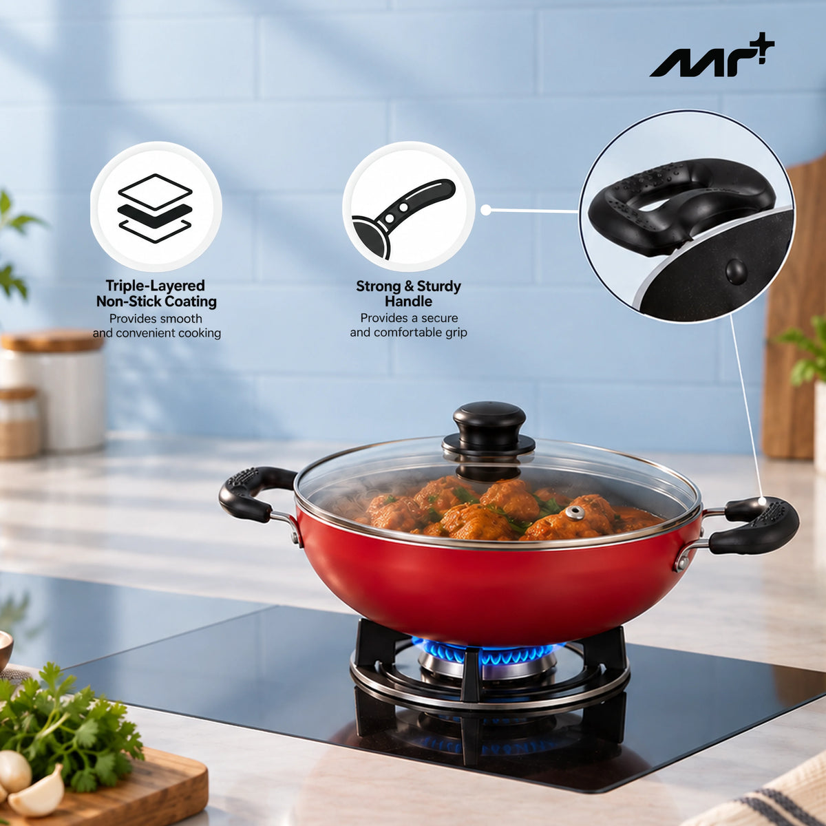 MR PLUS KADAI 24 CM WITH GLASS LID I/B MC 8141