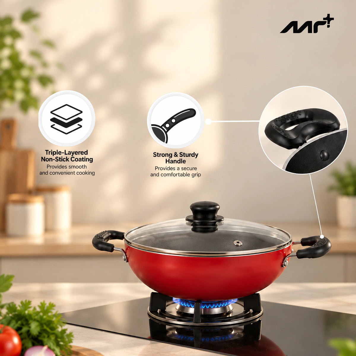MR PLUS  KADAI 28 CM WITH GLASS LID I/B MC8143
